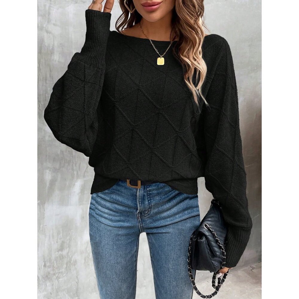 Ribbed knit crosshatch crewneck sweater batwing white - Picture 3 of 6